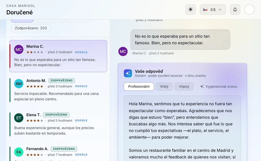 Odpovědi AI: AI napíše návrh odpovědi v jazyce recenze a ve vašem tónu. Přečtete si ho, případně upravíte a zveřejníte.