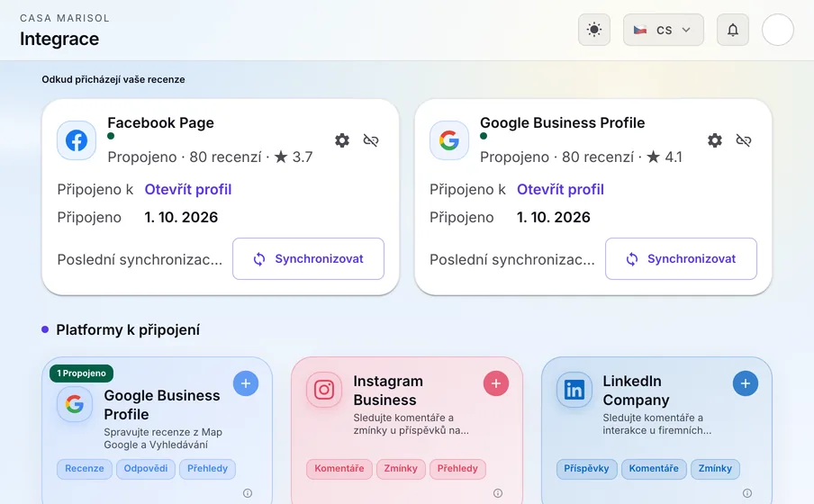 Integrace: Propojte Google Business Profile, Facebook, Instagram a LinkedIn. Každá karta ukazuje, co je propojené, odkdy a kolik přišlo recenzí.