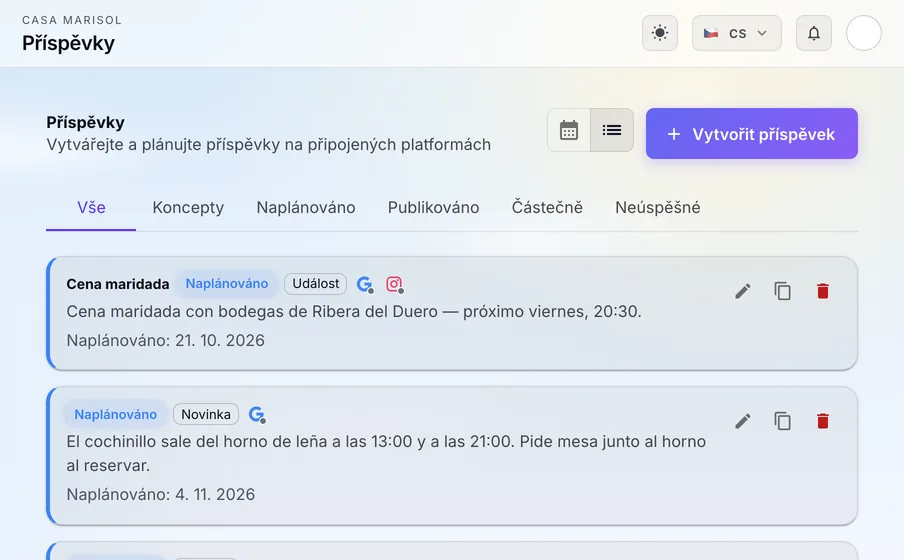 Příspěvky: Plánujte příspěvky na Google, Facebook a Instagram na jednom místě a zveřejňujte je včas.