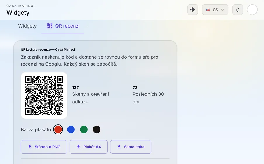 QR na recenze: Vytiskněte QR kód na stůl nebo k pokladně. Zákazníci se dostanou rovnou do formuláře recenzí Google a každé naskenování se započítá.