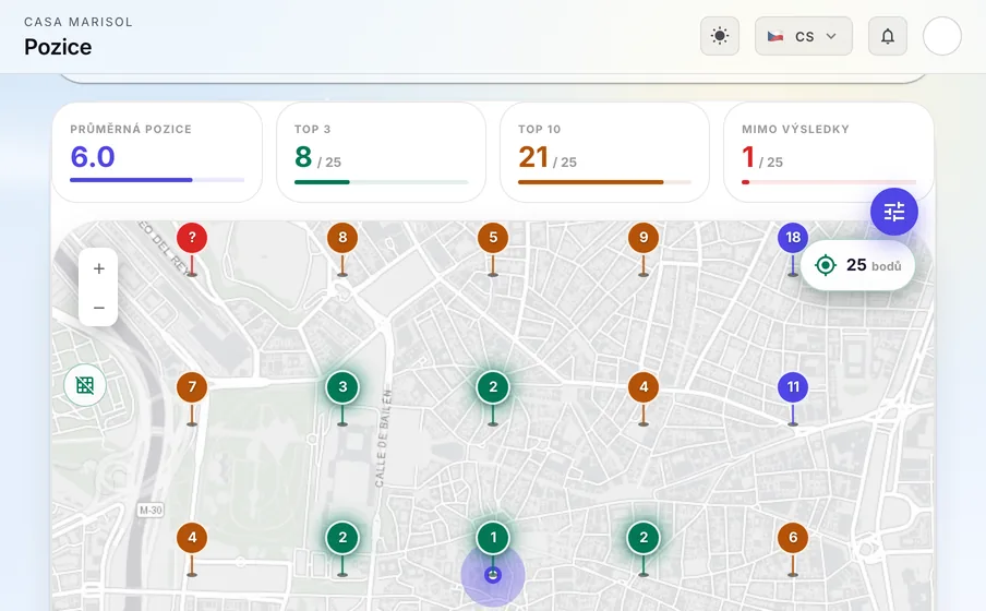 GEO Radar: GEO Radar kontroluje vaši pozici v Mapách Google ulici po ulici kolem vás. Zelená je top 3, červená znamená, že vás tam nenajdou.