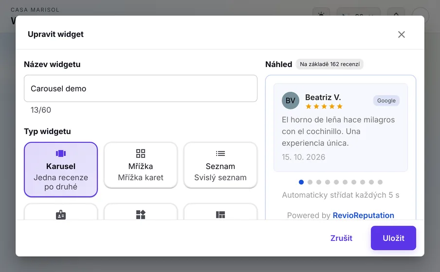 Widgety: Ukažte své nejlepší recenze z Googlu na vlastním webu: vyberte rozložení, zkontrolujte náhled a vložte kód.