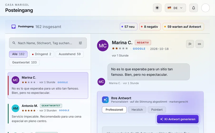 Posteingang: Jede Google-Bewertung landet in einem Posteingang, neben Facebook, Instagram und LinkedIn. Negative sind rot markiert, damit Sie sie zuerst sehen.