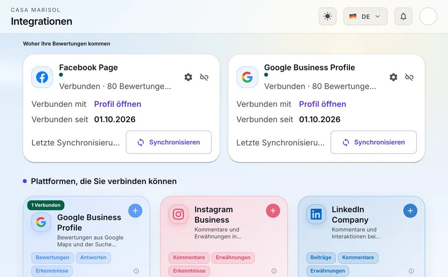 Integrationen: Verbinden Sie Google Business Profile, Facebook, Instagram und LinkedIn. Jede Karte zeigt, was verbunden ist, seit wann und wie viele Bewertungen eingegangen sind.