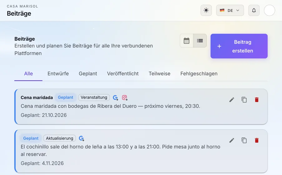 Beiträge: Planen Sie Beiträge für Google, Facebook und Instagram an einem Ort und veröffentlichen Sie sie pünktlich.