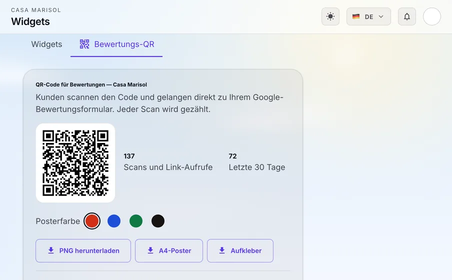 Bewertungs-QR: Drucken Sie einen QR-Code für Tisch oder Kasse. Gäste landen direkt im Google-Bewertungsformular, jeder Scan wird gezählt.