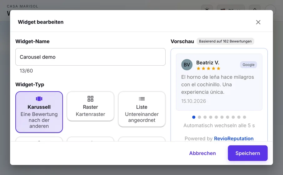Widgets: Zeigen Sie Ihre besten Google-Bewertungen auf Ihrer Website: Layout wählen, Vorschau prüfen, Code einfügen.
