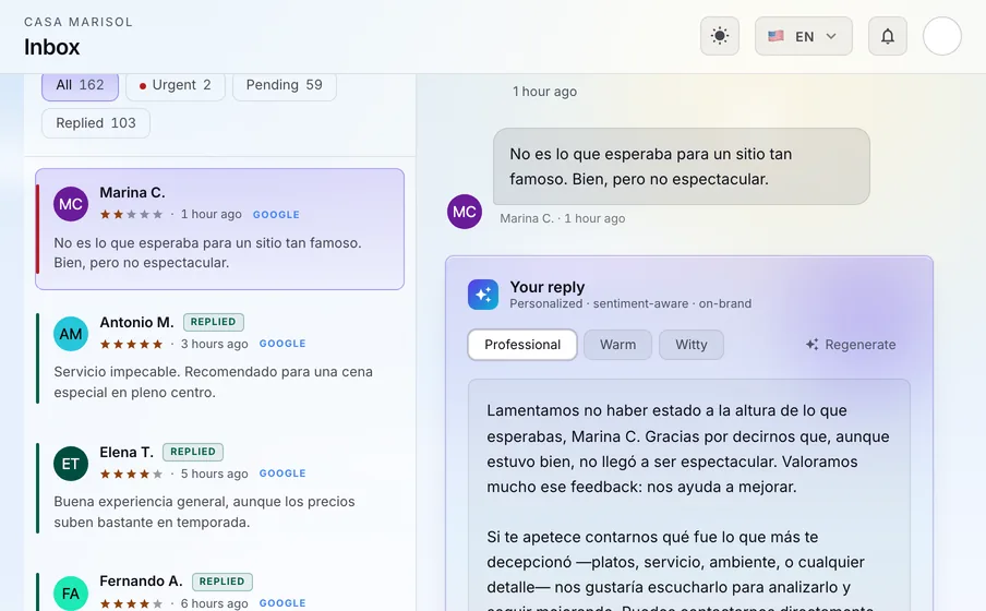 AI replies: AI drafts a reply in the reviewer’s language and in your tone. You read it, edit it if you want, and post it.