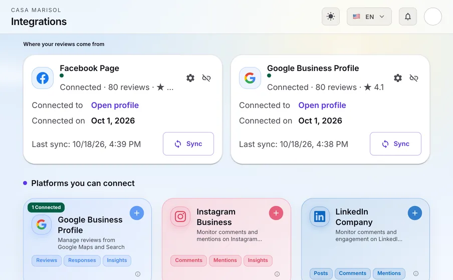 Integrations: Connect Google Business Profile, Facebook, Instagram and LinkedIn. Each card shows what is connected, since when, and how many reviews came in.