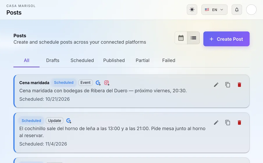 Posts: Plan Google, Facebook and Instagram posts in one place and publish them on schedule.