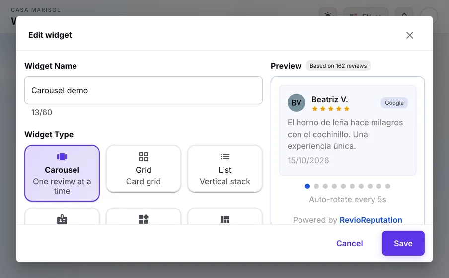 Widgets: Show your best Google reviews on your own website: pick a layout, check the live preview, paste the code.