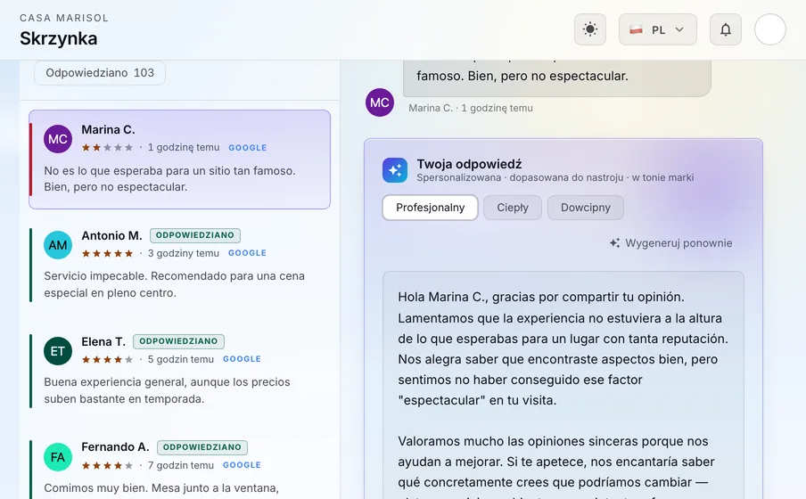 Odpowiedzi AI: AI pisze szkic odpowiedzi w języku opinii i w Twoim tonie. Czytasz, poprawiasz, jeśli chcesz, i publikujesz.