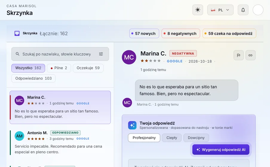 Skrzynka: Każda opinia z Google trafia do jednej skrzynki, obok Facebooka, Instagrama i LinkedIna. Negatywne są oznaczone na czerwono, więc widzisz je od razu.