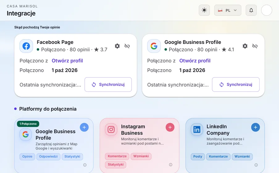 Integracje: Połącz Google Business Profile, Facebooka, Instagram i LinkedIn. Każda karta pokazuje, co jest połączone, od kiedy i ile przyszło opinii.