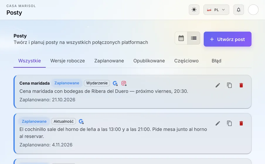 Posty: Planuj posty na Google, Facebooka i Instagrama w jednym miejscu i publikuj je o czasie.