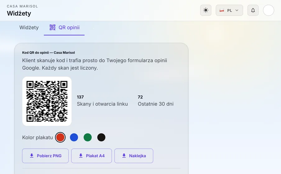 QR do opinii: Wydrukuj kod QR na stolik albo przy kasie. Klienci trafiają prosto do formularza opinii Google, a każdy skan jest liczony.