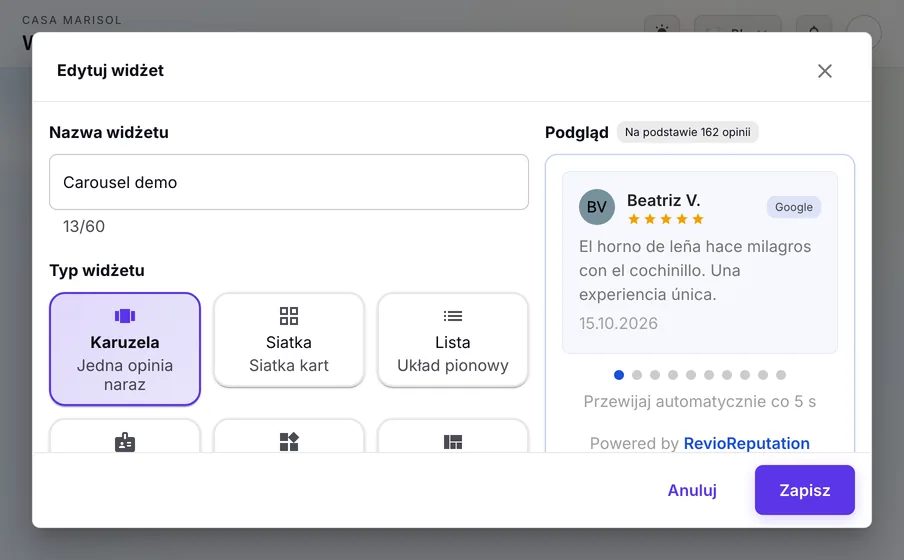 Widżety: Pokaż najlepsze opinie z Google na swojej stronie: wybierz układ, sprawdź podgląd i wklej kod.